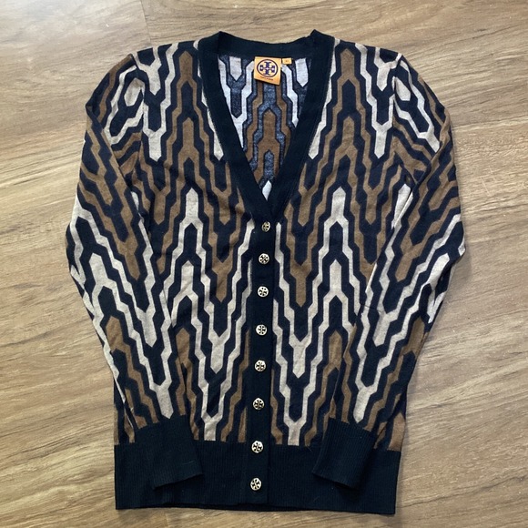 Tory Burch Sweaters - Tory Burch Merino Wool Gold Button L/S Black brown Geometric Cardigan Sz XS